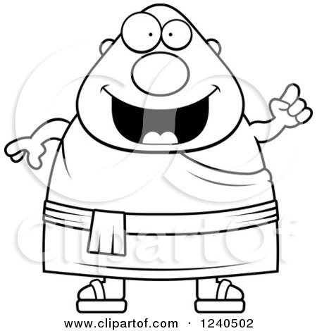 Clipart of a Black and White Smart Chubby Buddhist Man with an Idea - Royalty Free Vector Illustration by Cory Thoman