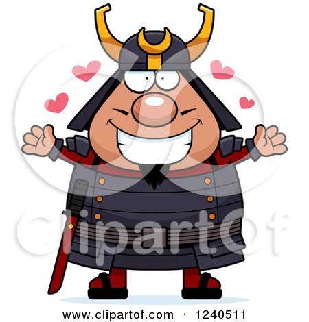 Clipart of a Loving Samurai Warrior with Open Arms and Hearts - Royalty Free Vector Illustration by Cory Thoman