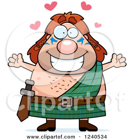Clipart of a Loving Celt Man with Open Arms and Hearts - Royalty Free Vector Illustration by Cory Thoman