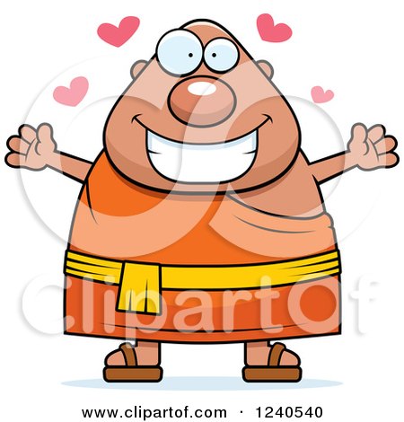 Clipart of a Loving Chubby Buddhist Man with Open Arms and Hearts - Royalty Free Vector Illustration by Cory Thoman