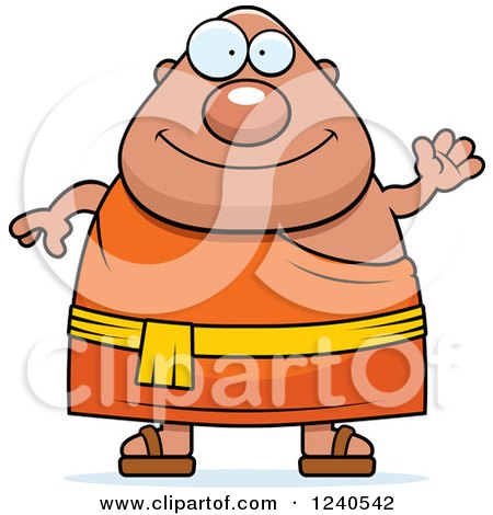 Clipart of a Friendly Waving Chubby Buddhist Man - Royalty Free Vector Illustration by Cory Thoman
