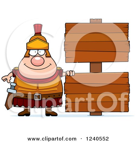 Clipart of a Happy Roman Centurion with Wooden Signs - Royalty Free Vector Illustration by Cory Thoman