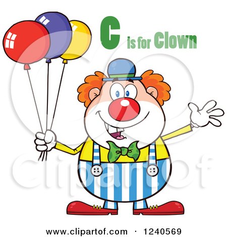 Clipart of a Happy Clown with Balloons and C Is for Clown Text - Royalty Free Vector Illustration by Hit Toon