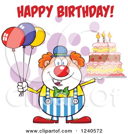 Clipart of a Happy Clown with Colorful Balloons and a Cake with Happy Birthday Text - Royalty Free Vector Illustration by Hit Toon