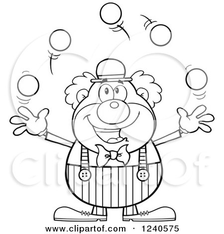 Clipart of a Black and White Happy Clown Juggling - Royalty Free Vector Illustration by Hit Toon