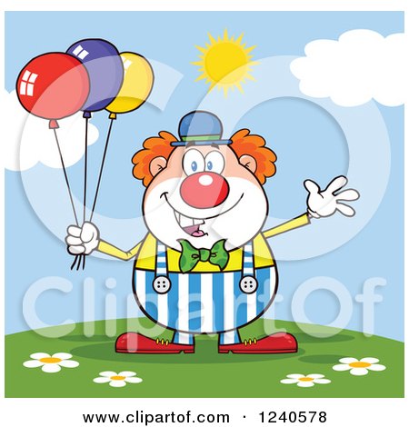 Clipart of a Happy Clown with Colorful Balloons on a Sunny Day - Royalty Free Vector Illustration by Hit Toon