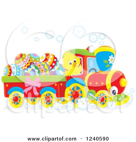 Clipart of a Happy Chick Driving a Train with Easter Eggs - Royalty Free Vector Illustration by Alex Bannykh