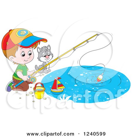 Clipart of a Brunette Caucasian Boy and Cat Fishing - Royalty Free Vector Illustration by Alex Bannykh