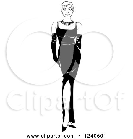 Clipart of a Black and White Formal Lady in a Dress - Royalty Free Vector Illustration by pauloribau