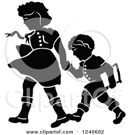 Clipart of a Black and White Girl Holding Her Brothers Hand As They Walk to School - Royalty Free Vector Illustration by pauloribau