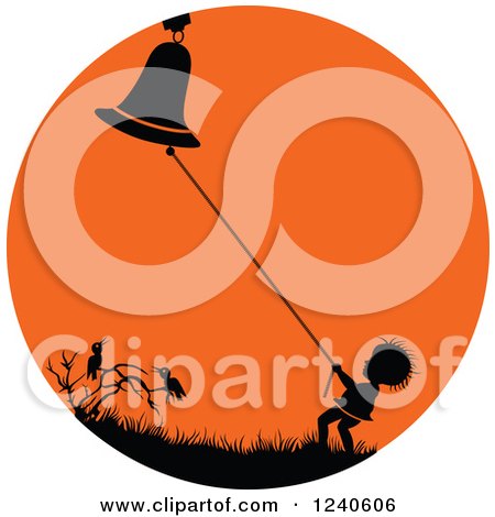 Clipart of a Silhouetted Boy Ringing a Bell over Crows in an Orange Circle - Royalty Free Vector Illustration by pauloribau