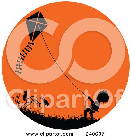Clipart of a Silhouetted Boy Flying a Kite over Crows in an Orange Circle - Royalty Free Vector Illustration by pauloribau