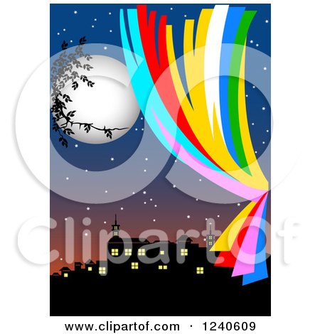 Clipart of a Full Moon over a City at Night, with Colorful Drapes - Royalty Free Vector Illustration by pauloribau