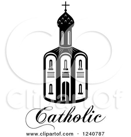 Clipart of a Black and White Catholic Temple Building and Text - Royalty Free Vector Illustration by Vector Tradition SM