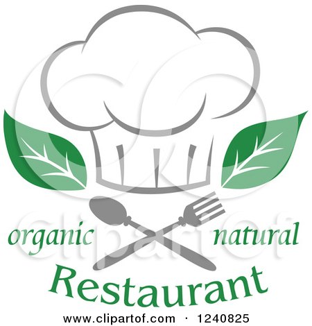 Clipart of a Chefs Hat with Leaves Silverware and Organic Natural Restaurant Text - Royalty Free Vector Illustration by Vector Tradition SM