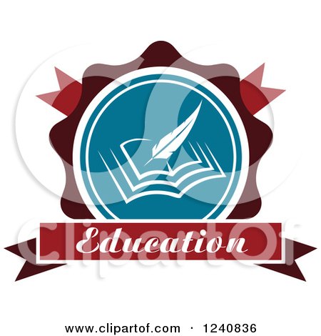 Clipart of a Blue and Red Quill and Book Education Badge - Royalty Free Vector Illustration by Vector Tradition SM