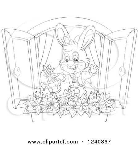 Clipart of a Black and White Female Bunny Rabbit Watering a Window Flower Garden - Royalty Free Vector Illustration by Alex Bannykh