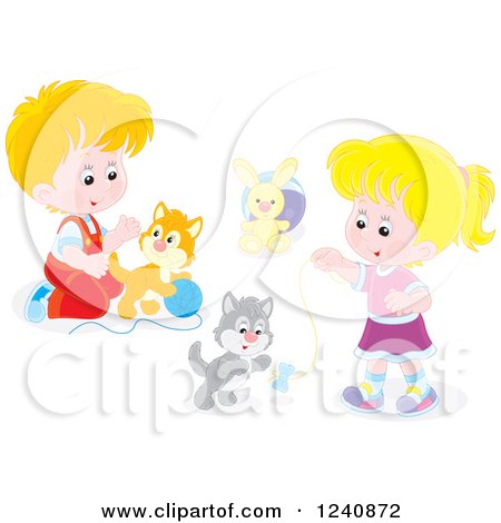 Clipart of Children Playing with Kittens - Royalty Free Vector Illustration by Alex Bannykh