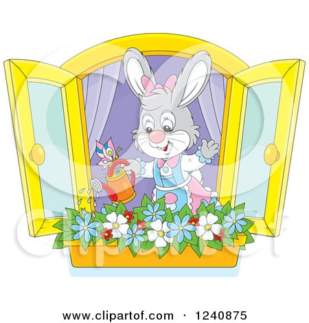 Clipart of a Gray Female Bunny Rabbit Watering a Window Flower Garden - Royalty Free Vector Illustration by Alex Bannykh