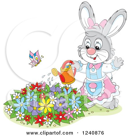Clipart of a Gray Female Bunny Rabbit Watering a Flower Garden - Royalty Free Vector Illustration by Alex Bannykh