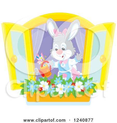Clipart of a Female Bunny Rabbit Watering a Window Flower Garden - Royalty Free Vector Illustration by Alex Bannykh