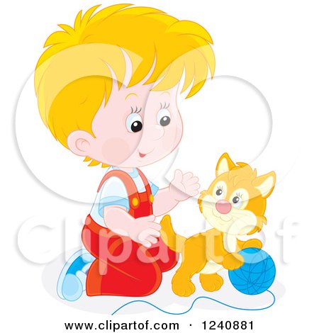 Clipart of a Blond Caucasian Boy Playing with a Kitten - Royalty Free Vector Illustration by Alex Bannykh