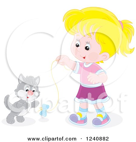 Clipart of a Blond Caucasian Girl Playing with a Kitten - Royalty Free Vector Illustration by Alex Bannykh