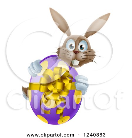 Clipart of a Smiling Brown Bunny Hugging a Polka Dot Easter Egg - Royalty Free Vector Illustration by AtStockIllustration