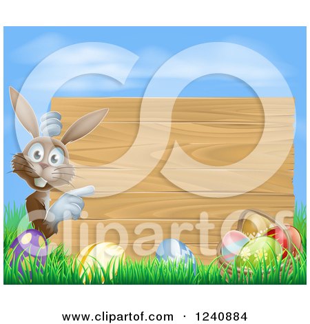 Clipart of a Wood Sign with a Brown Easter Bunny, Eggs Grass and Sky - Royalty Free Vector Illustration by AtStockIllustration