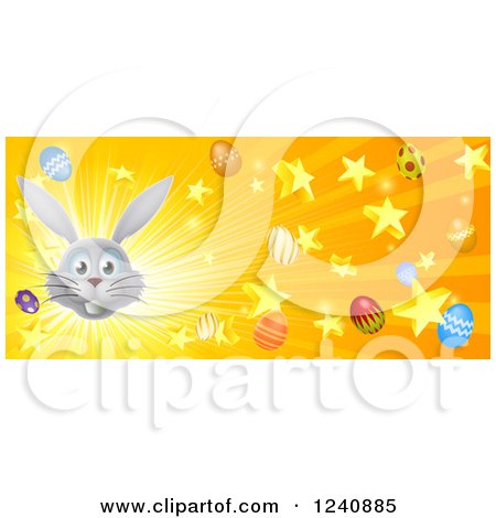 Clipart of a Website Banner of a Burst of Rays Stars Eggs and a Gray Easter Bunny - Royalty Free Vector Illustration by AtStockIllustration