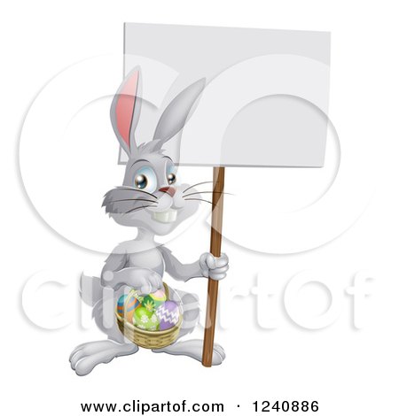 Clipart of a White Easter Bunny Holding a Sign and Basket - Royalty Free Vector Illustration by AtStockIllustration