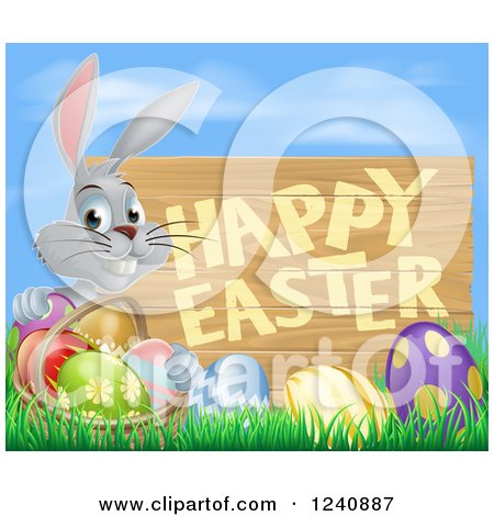 Clipart of a Wood Happy Easter Sign with a Gray Rabbit and Eggs Against Blue Sky - Royalty Free Vector Illustration by AtStockIllustration