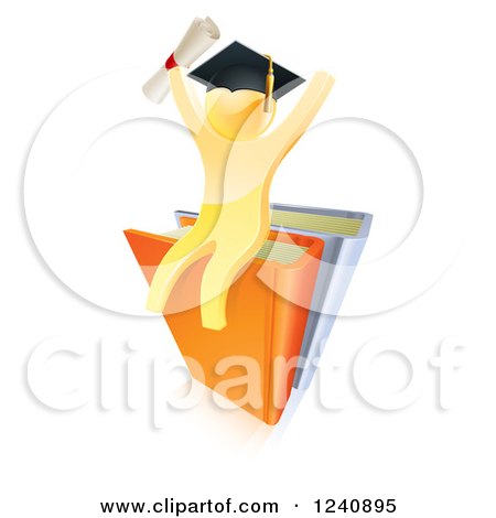 Clipart of a 3d Gold Man Graduate with a Diploma, Cheering and Sitting on Books - Royalty Free Vector Illustration by AtStockIllustration
