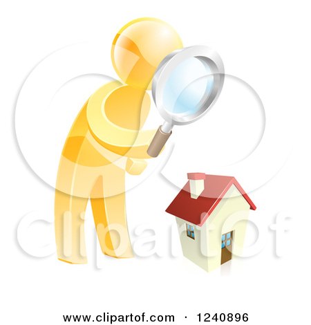 Clipart of a 3d Gold Man House Hunting - Royalty Free Vector Illustration by AtStockIllustration