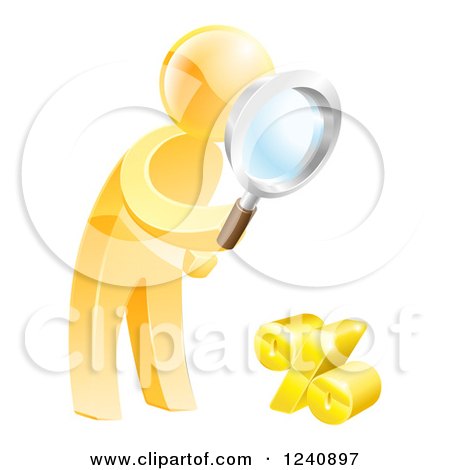 Clipart of a 3d Gold Man Searching for a Low Percentage Rate - Royalty Free Vector Illustration by AtStockIllustration