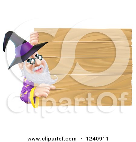 Clipart of a Wizard Looking Around and Pointing at a Wooden Sign - Royalty Free Vector Illustration by AtStockIllustration