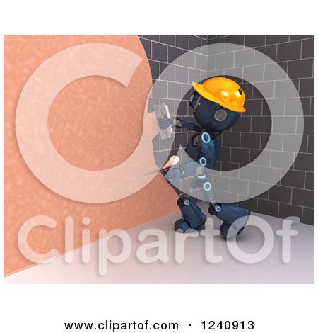 Clipart of a 3d Blue Android Construction Robot Plastering a Wall 2 - Royalty Free Illustration by KJ Pargeter