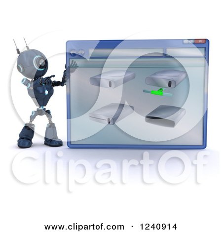 Clipart of a 3d Blue Android Robot Behind a Computer File Window of Hard Drives - Royalty Free Illustration by KJ Pargeter
