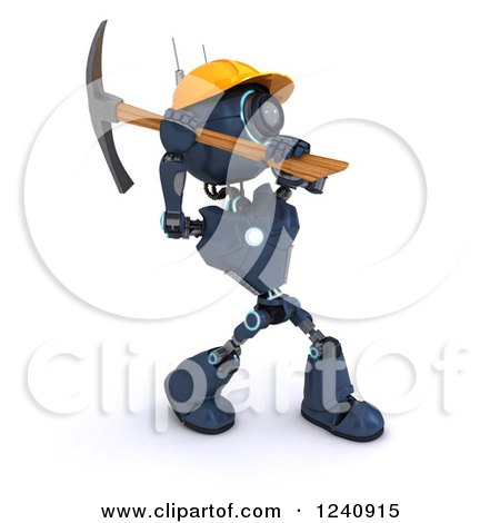 Clipart of a 3d Blue Android Construction Robot Using a Pick Axe 2 - Royalty Free Illustration by KJ Pargeter