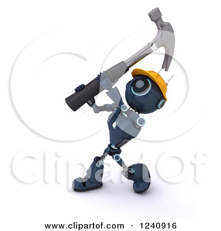 Clipart of a 3d Blue Android Construction Robot Hammering - Royalty Free Illustration by KJ Pargeter