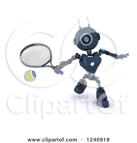 Clipart of a 3d Blue Android Robot Playing Tennis 4 - Royalty Free Illustration by KJ Pargeter