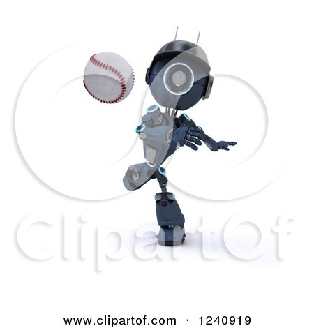 Clipart of a 3d Blue Android Robot Pitching at a Baseball Game 2 - Royalty Free Illustration by KJ Pargeter