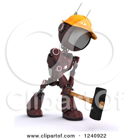 Clipart of a 3d Red Android Construction Robot Demolishing with a Sledgehammer 2 - Royalty Free Illustration by KJ Pargeter