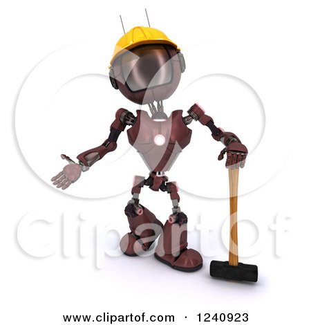 Clipart of a 3d Red Android Construction Robot Standing with a Sledgehammer - Royalty Free Illustration by KJ Pargeter