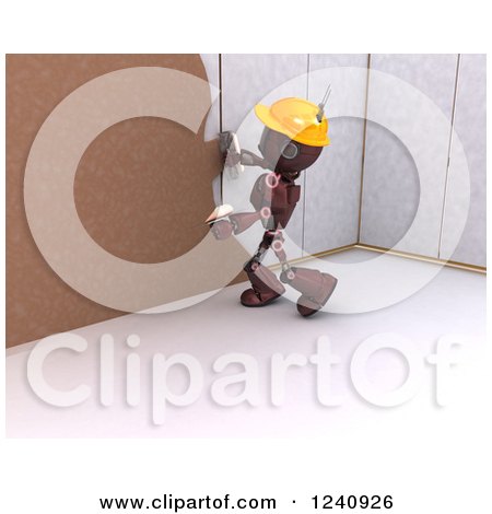 Clipart of a 3d Red Android Construction Robot Plastering a Wall 2 - Royalty Free Illustration by KJ Pargeter