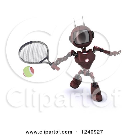 Clipart of a 3d Red Android Robot Playing Tennis 4 - Royalty Free Illustration by KJ Pargeter