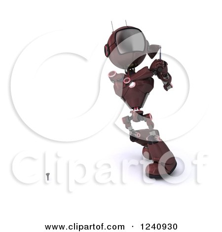 Clipart of a 3d Red Android Robot Teeing off While Golfing - Royalty Free Illustration by KJ Pargeter