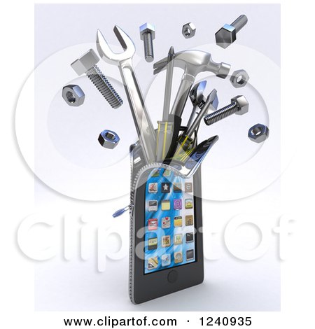 Clipart of a 3d Smartphone Unzipping with Tools - Royalty Free Illustration by KJ Pargeter