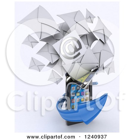 Clipart of a 3d Unzipping Smartphone with an Arrow and Email Envelopes - Royalty Free Illustration by KJ Pargeter