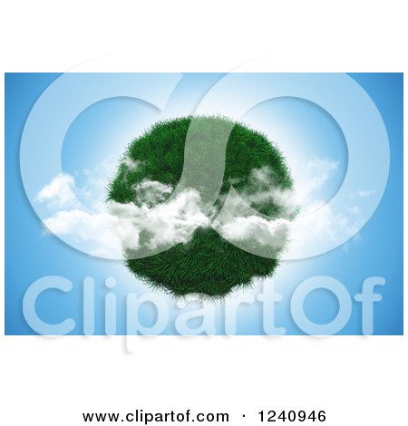 Clipart of a 3d Grassy Planet over Blue Sky with Clouds - Royalty Free Illustration by KJ Pargeter